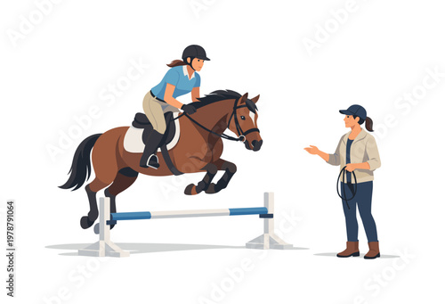 A rider developing skill and confidence through equestrian practice in a controlled environment, illustrated by a person guiding a horse over a single low obstacle,