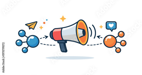 Viral marketing campaign focused on rapid online content sharing and audience growth across digital platforms, a central megaphone connected to two simple social nodes