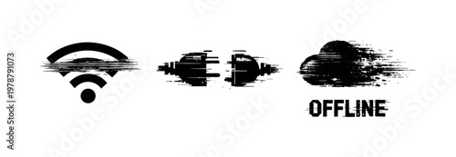 Digital disconnect and offline mode theme, a set of 3 glitch-distorted monochrome objects placed on a perfectly clean white background, each object exhibiting its own