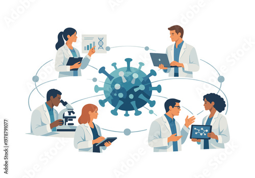 A team of researchers collaborating on virus study, sharing findings and coordinating efforts to develop solutions in a modern scientific setting, visual metaphor of