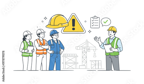 A construction or industrial setting where team members receive safety instructions before work begins, illustrated by a small group interacting near a simple helmet and
