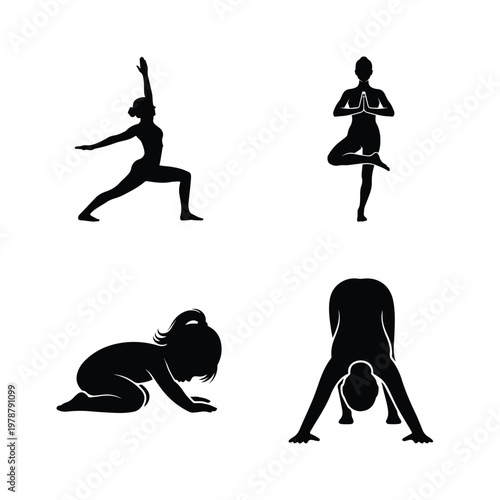 Set of black silhouettes showing women practicing diverse yoga postures for fitness and wellness design work