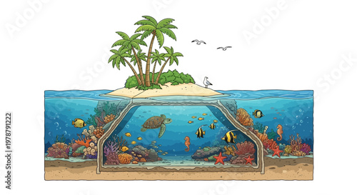 An illustration showcases a vibrant island scene with palm trees overlooking a coral reef filled with colorful fish and marine life.