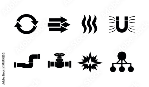 Energy transfer concepts: circular arrows, directional arrows, heat waves, magnetic field lines, fluid pipe, valve, energy pulse, distribution network.