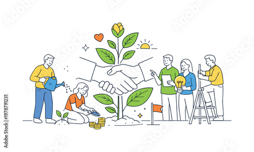A trust building and long term relationship scene showing a small team nurturing collaboration around a large plant and a handshake, using a clean visual metaphor of