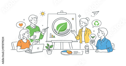 Business team developing eco-friendly branding for a company focused on sustainability and responsible practices in a modern market environment, illustrated through a