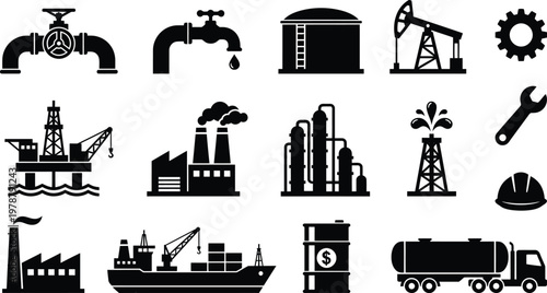 Black and white icons of industrial and manufacturing related objects and structures in one frame