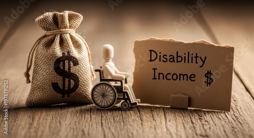 Disability income concept with wooden figure in wheelchair, money bag with dollar sign, financial support for disabled people on rustic wood background