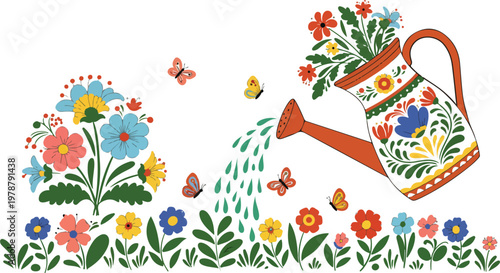 A colorful spring nature illustration featuring a seamless floral pattern of Easter eggs, tulips, and blossoms with a butterfly and grass in a vibrant vector art design