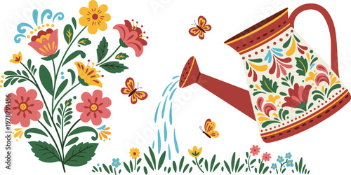 A colorful spring nature illustration featuring a seamless floral pattern of Easter eggs, tulips, and blossoms with a butterfly and grass in a vibrant vector art design