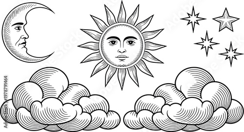 Vintage celestial illustration set with sun moon clouds and stars in engraved hand drawn style for decorative design use