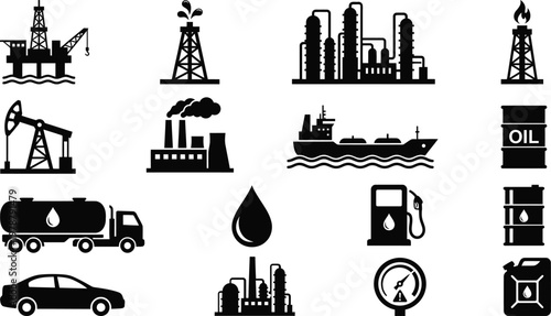 Black and white icons of oil and gas industry related objects and vehicles on white background