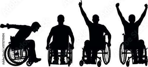 Wheelchair User Silhouette Set Showing Effort Movement and Celebration Poses for Disability Awareness Inclusion and Accessibility Design