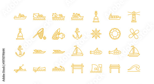 Marine and nautical line icon set with anchor, lighthouse, sailboat, shell, fish and coastal travel symbols isolated on white background