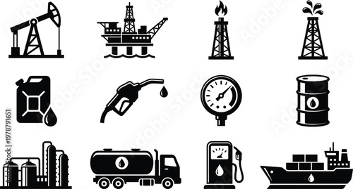 Oil and gas industry related icons and symbols in black color  various equipment and tools
