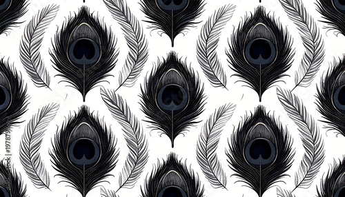 Elegant Peacock Feather Pattern - Black and White Design.