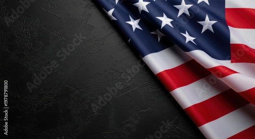 American flag on black stone background, patriotic United States banner with copy space, national flag of USA for memorial day or fourth of july