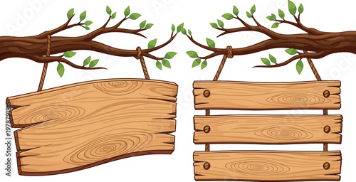 Wooden hanging signboards with tree branches and green leaves rustic blank boards for nature themed design illustration