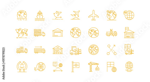 Travel and tourism line icon set with airplane, route, landmark, vacation and destination planning symbols isolated on white background