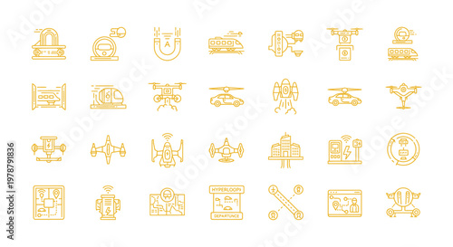 Transport and public transit line icon set with train, bus, station, route and mobility symbols isolated on white background