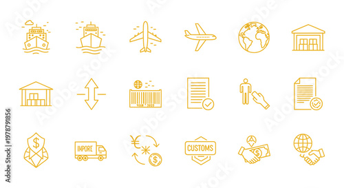 Travel and destination service line icon set with hotel, airplane, globe, route and booking symbols isolated on white background