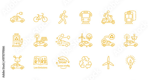 Travel and urban mobility line icon set with bicycle, train, airplane, taxi and transport symbols isolated on white background
