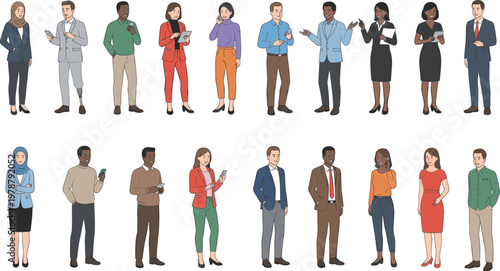 Large collection of diverse business people including disability representation and hijab wearing professionals using technology for inclusive corporate teamwork,