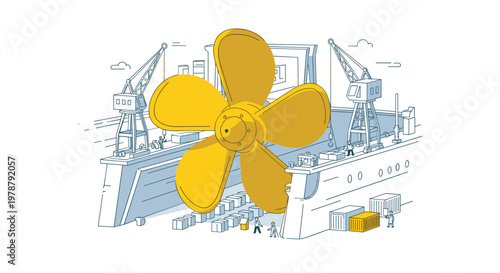 A massive golden five bladed ship propeller dominates a busy dry dock scene where tiny workers perform meticulous maintenance on a large white vessel.