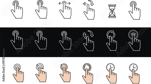 Hands interacting with digital interface icons show touch screen gestures and timing control.
