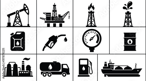 Black and white icons of oil and gas industry equipment and vehicles on white background