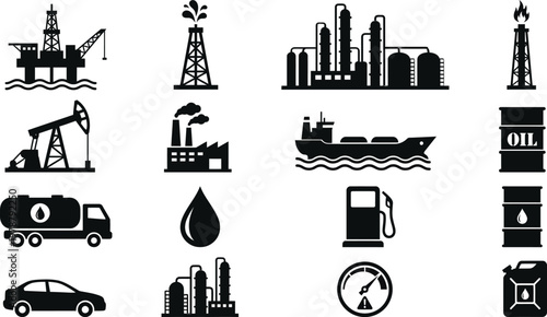 Black and white icons of oil and gas industry and transportation on white background
