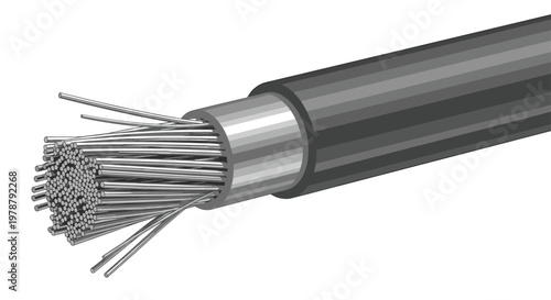 A detailed close up view of a thick industrial power cable reveals a dense core of numerous silver conductive wire strands bundled tightly together here.