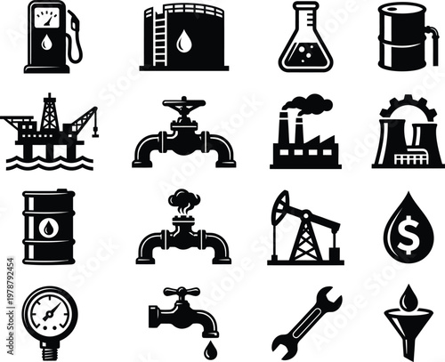 Black and white icons of various industrial and oil related objects and symbols on white background