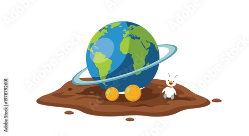 A vibrant blue and green globe featuring a translucent ring rests on a dark brown soil mound beside a small white character and shiny gold coins.