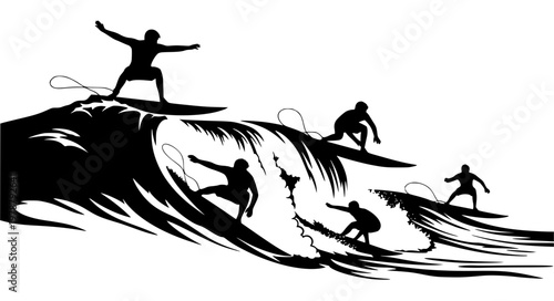 Surfing Vector Silhouettes – Surfer Action and Wave Motion