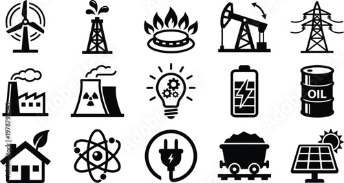Collection of various energy and power generation related icons and symbols used for infographics  renewable and nonrenewable