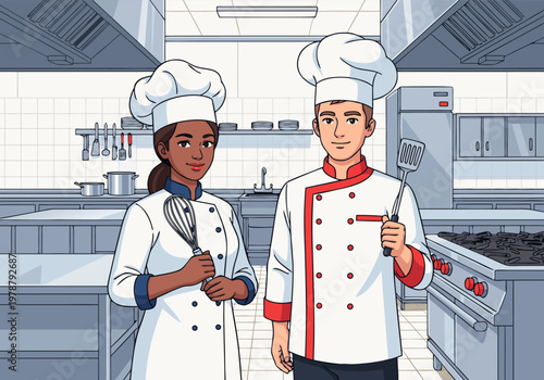 Two cheerful chefs in white uniforms stand together inside a bright commercial kitchen