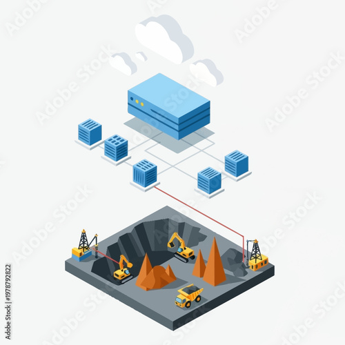 Industrial mining operations with digital network connection.