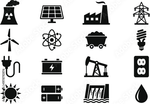 Collection of various energy and power generation related icons and symbols used globally in industry