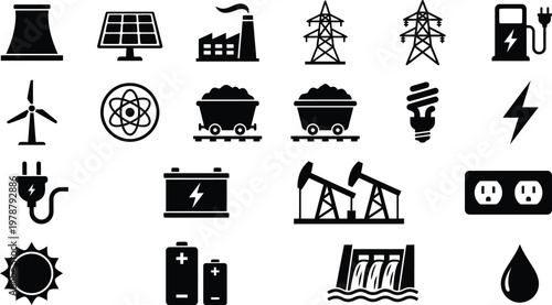 Black and white icons of various energy sources and power generation methods on white background