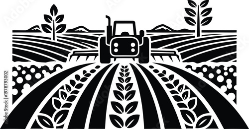 Tractor working in the field of a large farm with plants and mountains landscape vector illustration for agricultural industry and harvest concept.