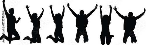Seven people jumping in the air with their arms raised up high in excitement together