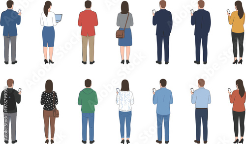 Set of diverse people seen from behind using smartphones and laptops standing in back view for technology communication concept,