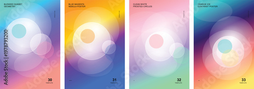 Set of four abstract gradient poster templates with translucent frosted circles, vibrant mesh backgrounds, modern editorial flyer covers and geometric layout designs