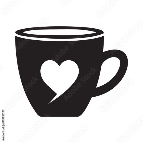 Black silhouette of a coffee cup with a white heart icon, isolated on white background. Simple icon illustration.