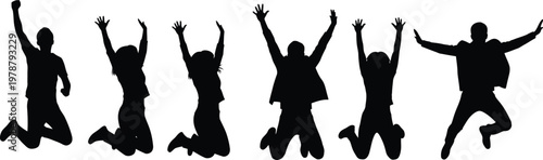 Seven people jumping in air with arms raised in celebration on white background
