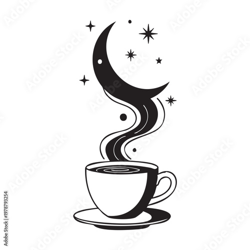 Whimsical Black Coffee Cup with Steaming Crescent Moon and Stars Illustration