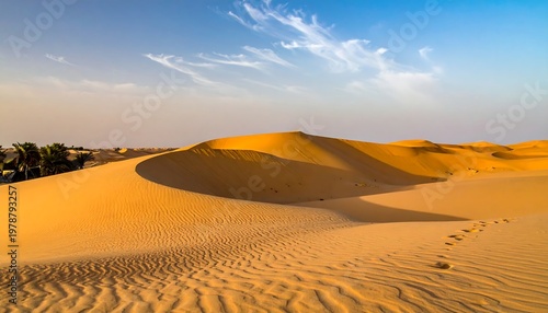 Vast desert landscape under a clear sky, with rolling dunes, a few scattered trees, and wispy clouds. The golden sands display footprints