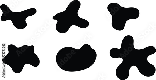 Six black irregular shapes on isolated white background round fluid bloob shapes