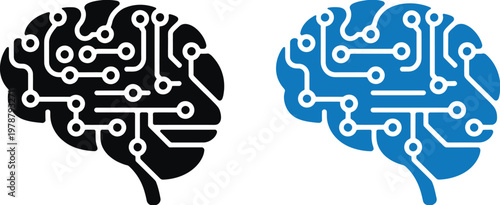 Brain, circuit board, technology icons, neural network, AI symbols, vector graphics